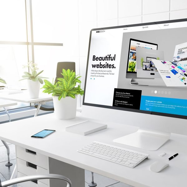 computer with website builder at modern office 3d rendering